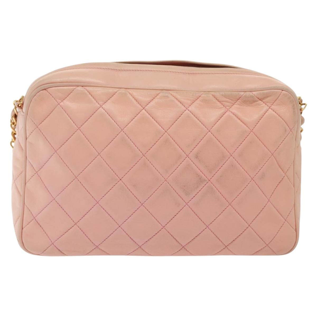 CHANEL Chain Matelasse Shoulder Bag Lamb Skin Pink Gold CC Auth 140142
