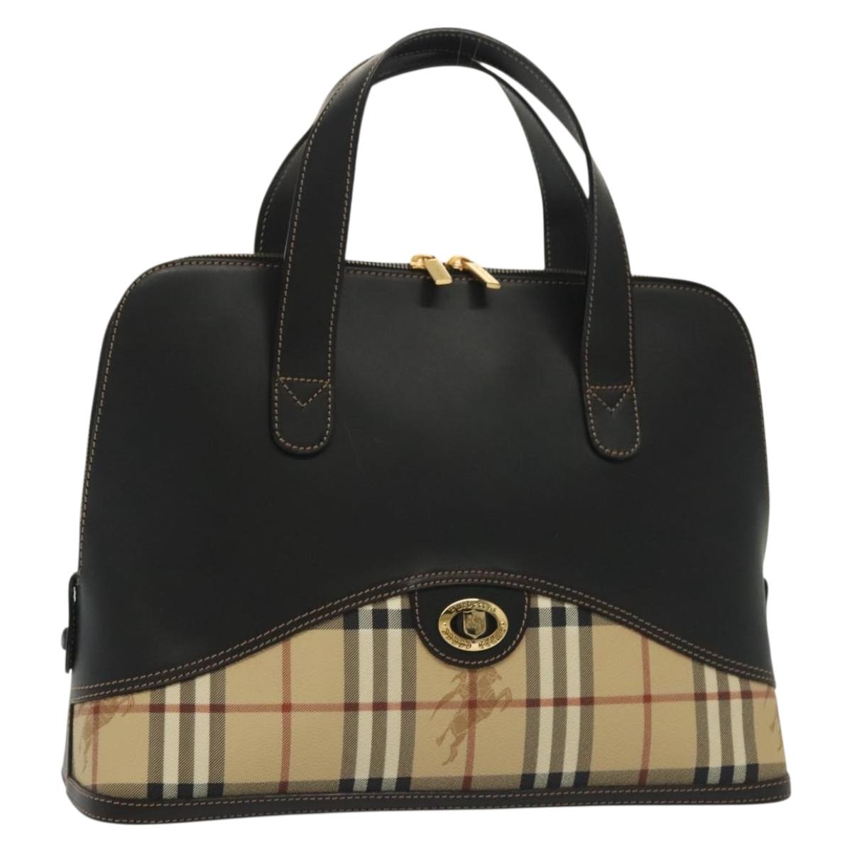 Burberrys Nova Check Hand Bag PVC Leather Black Beige Auth 140160
