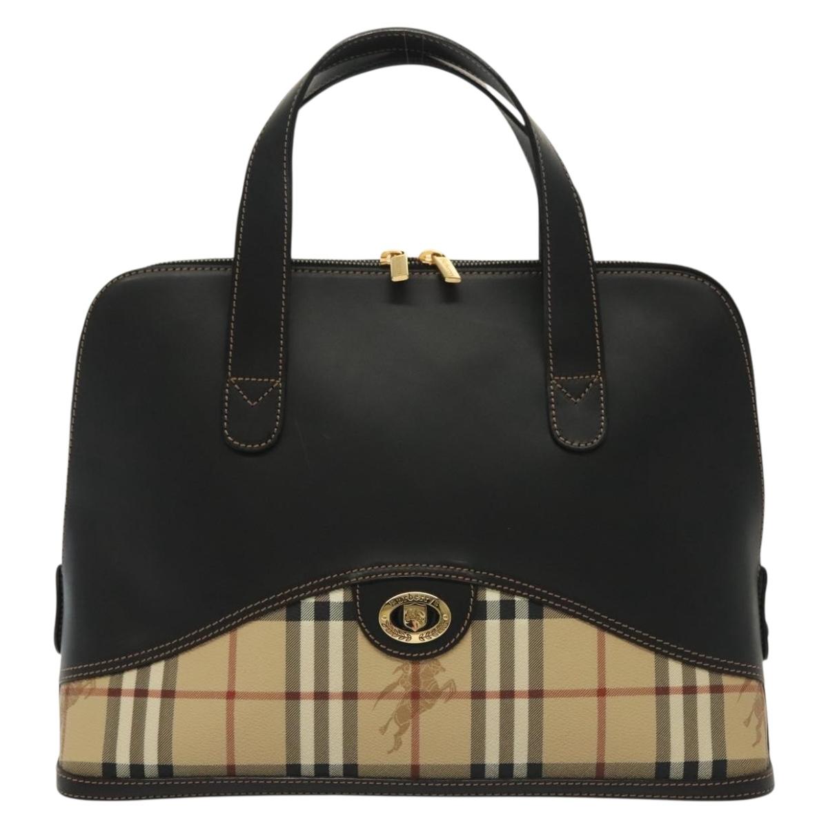 Burberrys Nova Check Hand Bag PVC Leather Black Beige Auth 140160