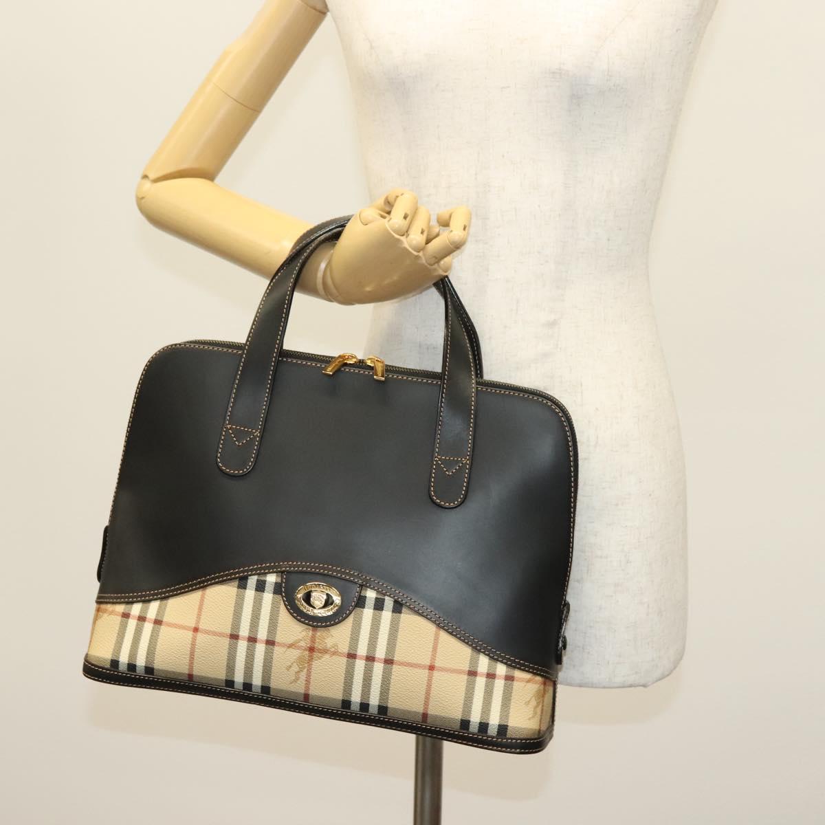 Burberrys Nova Check Hand Bag PVC Leather Black Beige Auth 140160