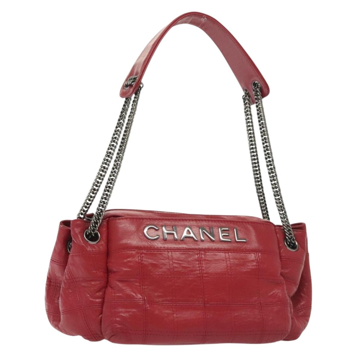 CHANEL Choco Bar Chain Shoulder Bag Lamb Skin Red Silver CC Auth 140162