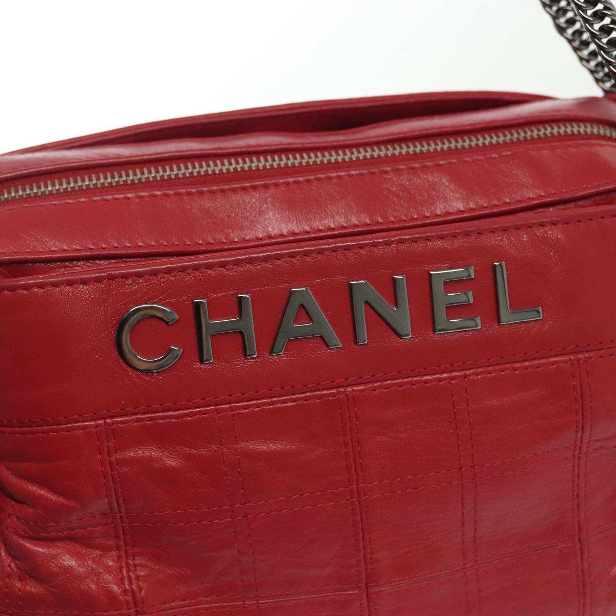 CHANEL Choco Bar Chain Shoulder Bag Lamb Skin Red Silver CC Auth 140162