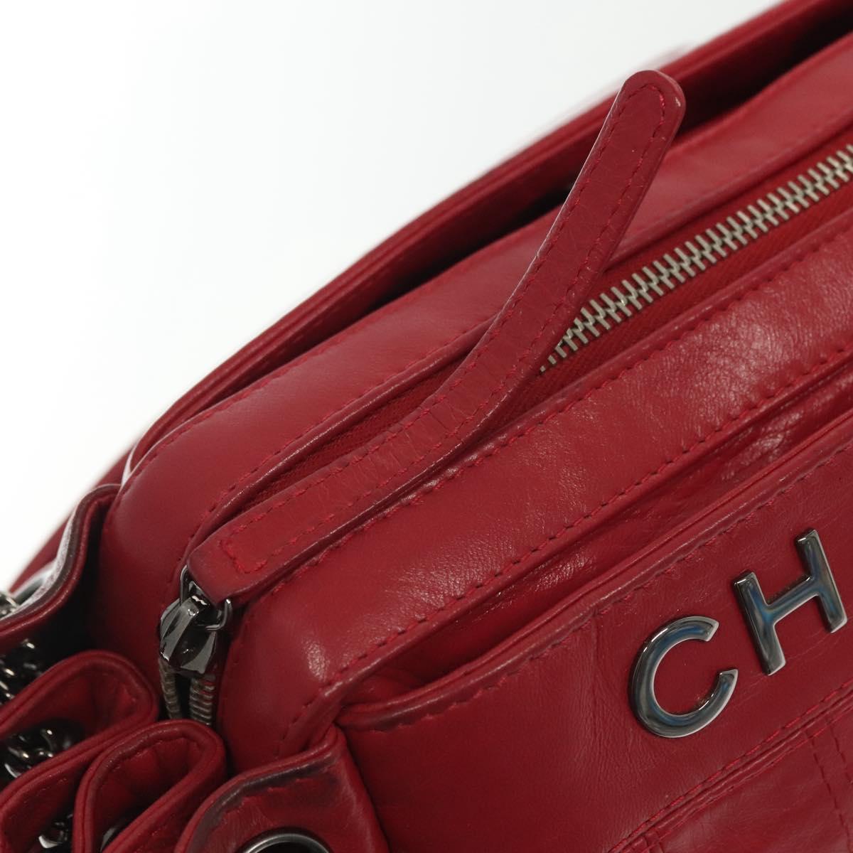 CHANEL Choco Bar Chain Shoulder Bag Lamb Skin Red Silver CC Auth 140162