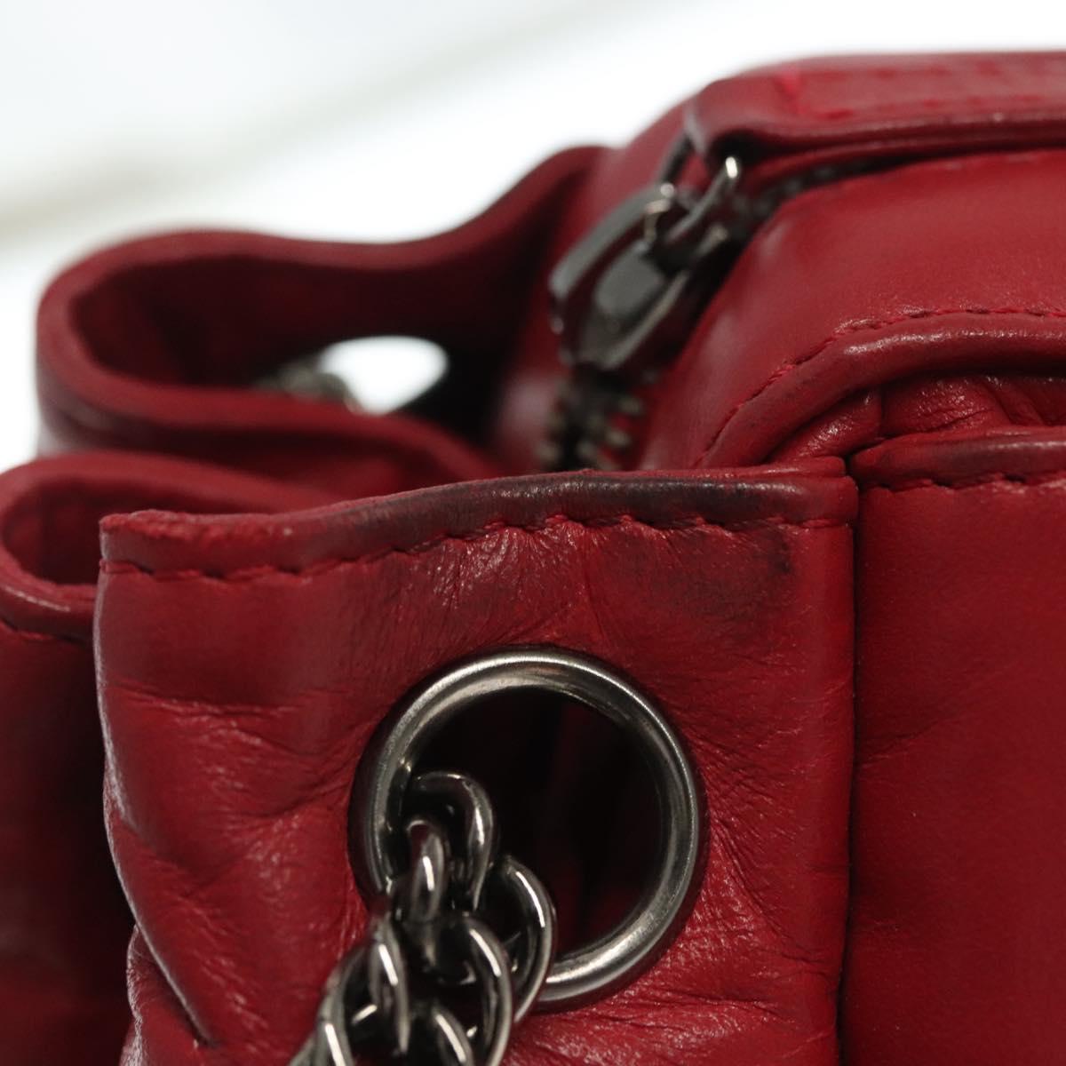 CHANEL Choco Bar Chain Shoulder Bag Lamb Skin Red Silver CC Auth 140162