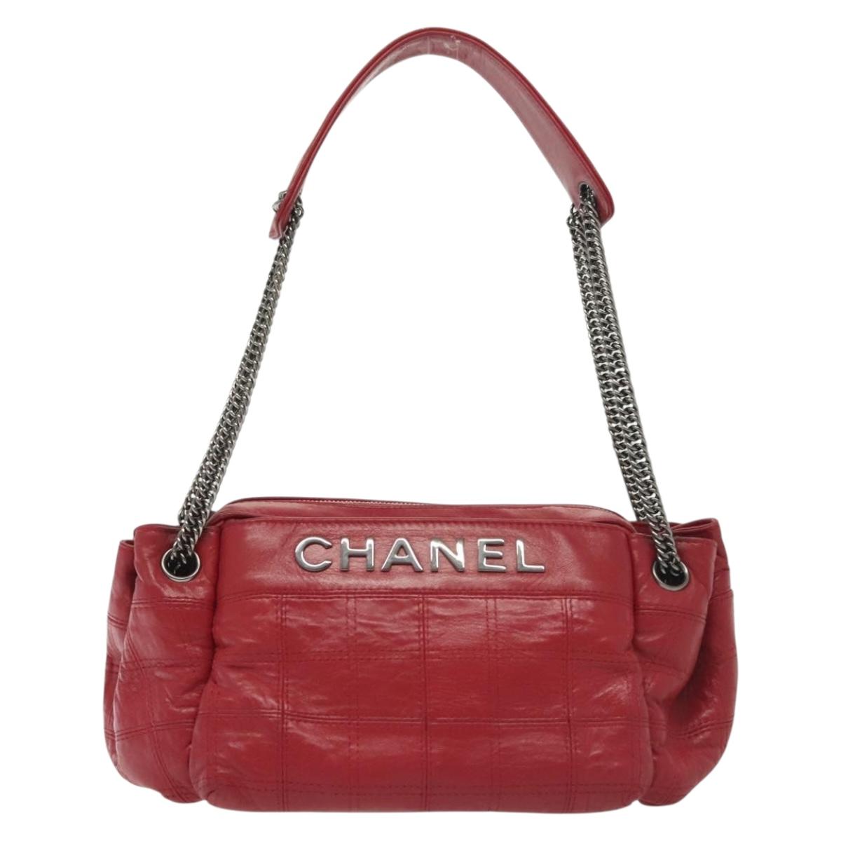 CHANEL Choco Bar Chain Shoulder Bag Lamb Skin Red Silver CC Auth 140162