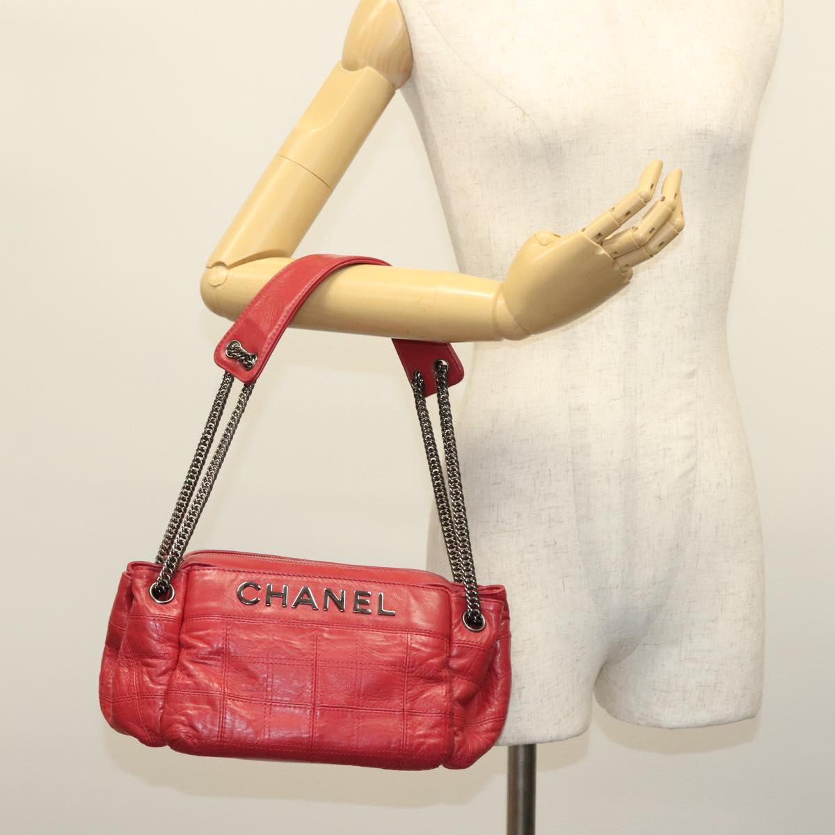 CHANEL Choco Bar Chain Shoulder Bag Lamb Skin Red Silver CC Auth 140162