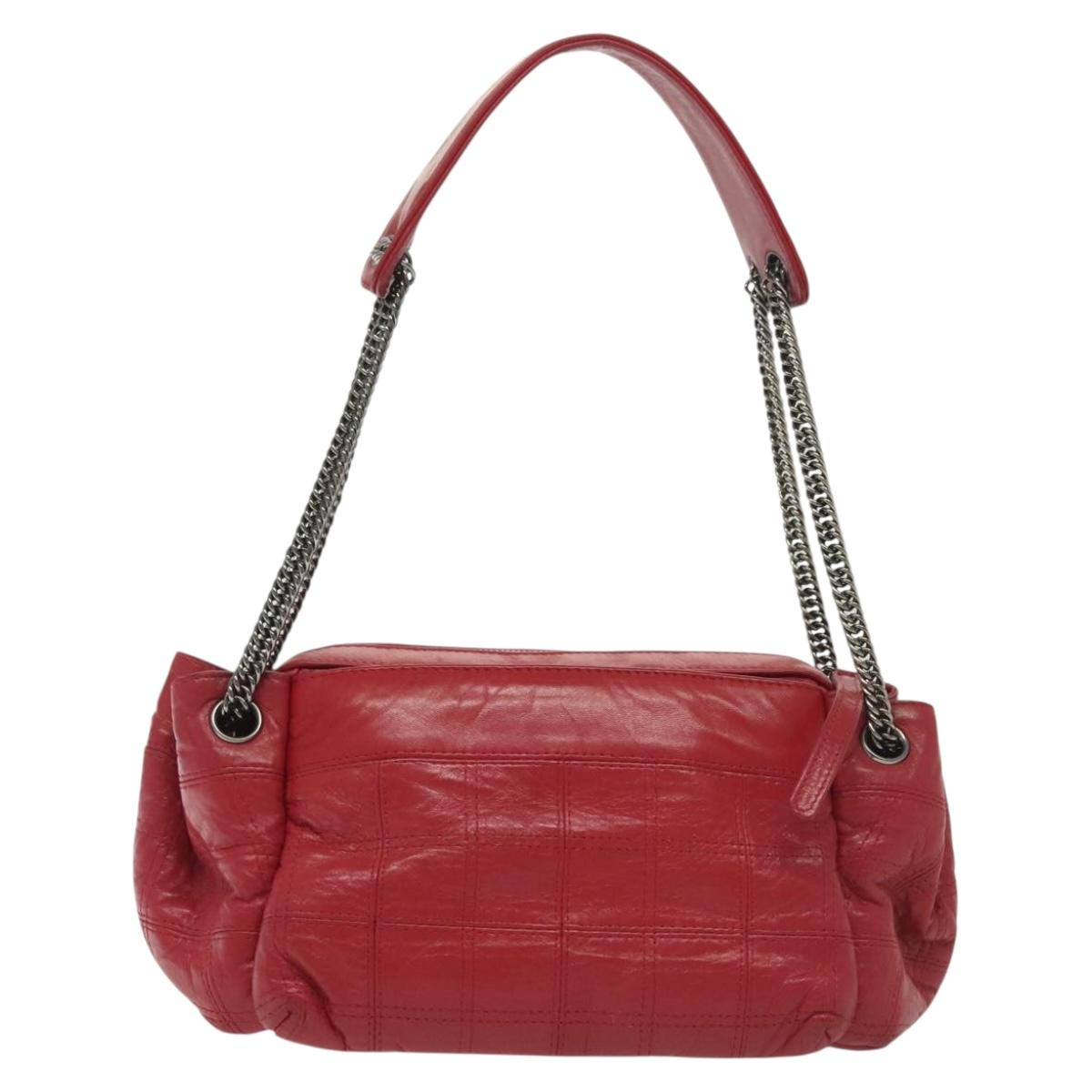 CHANEL Choco Bar Chain Shoulder Bag Lamb Skin Red Silver CC Auth 140162