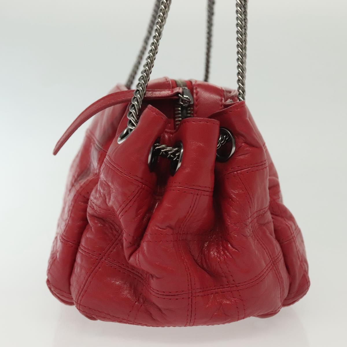 CHANEL Choco Bar Chain Shoulder Bag Lamb Skin Red Silver CC Auth 140162