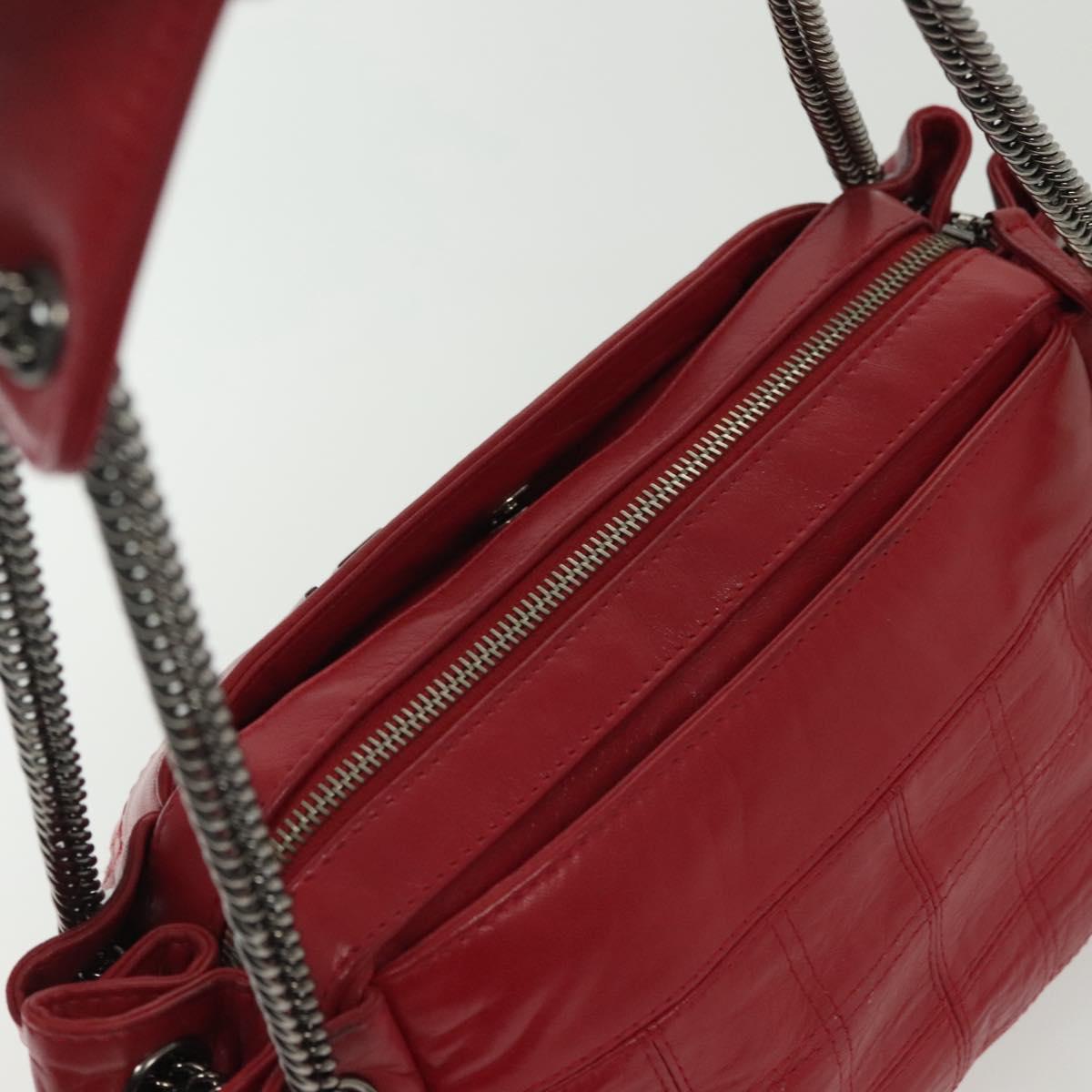CHANEL Choco Bar Chain Shoulder Bag Lamb Skin Red Silver CC Auth 140162