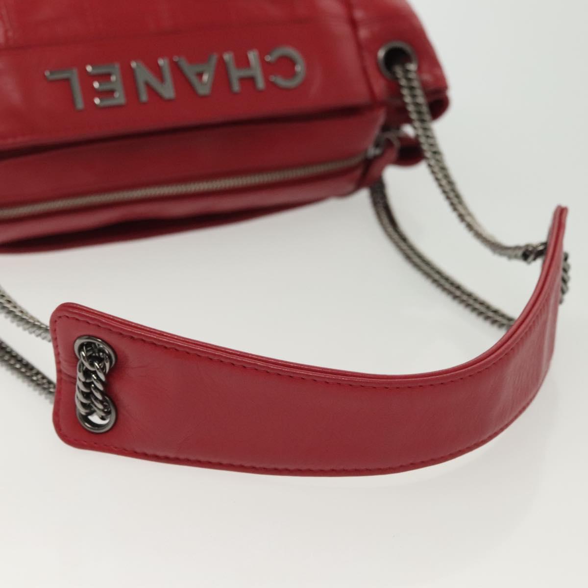 CHANEL Choco Bar Chain Shoulder Bag Lamb Skin Red Silver CC Auth 140162
