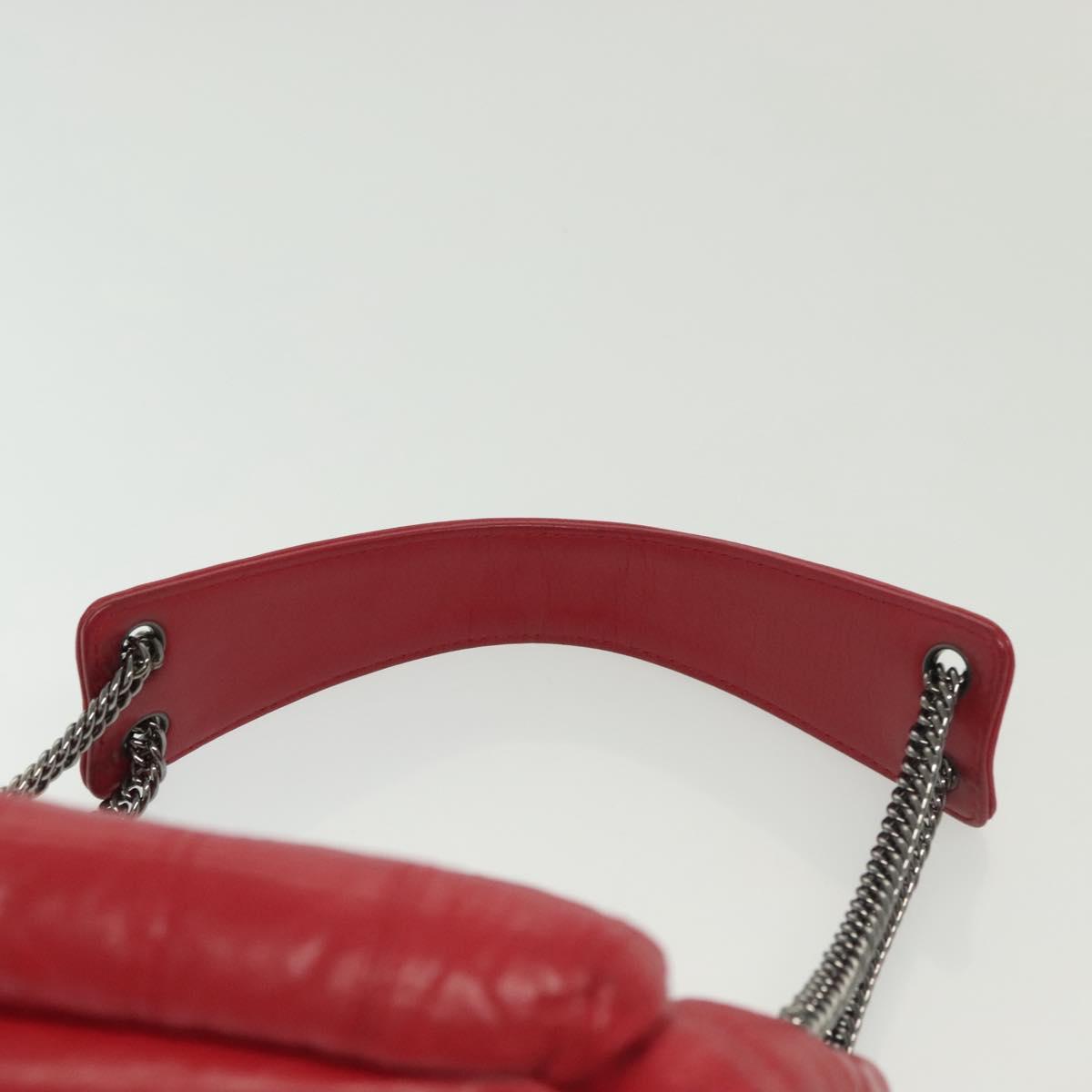 CHANEL Choco Bar Chain Shoulder Bag Lamb Skin Red Silver CC Auth 140162