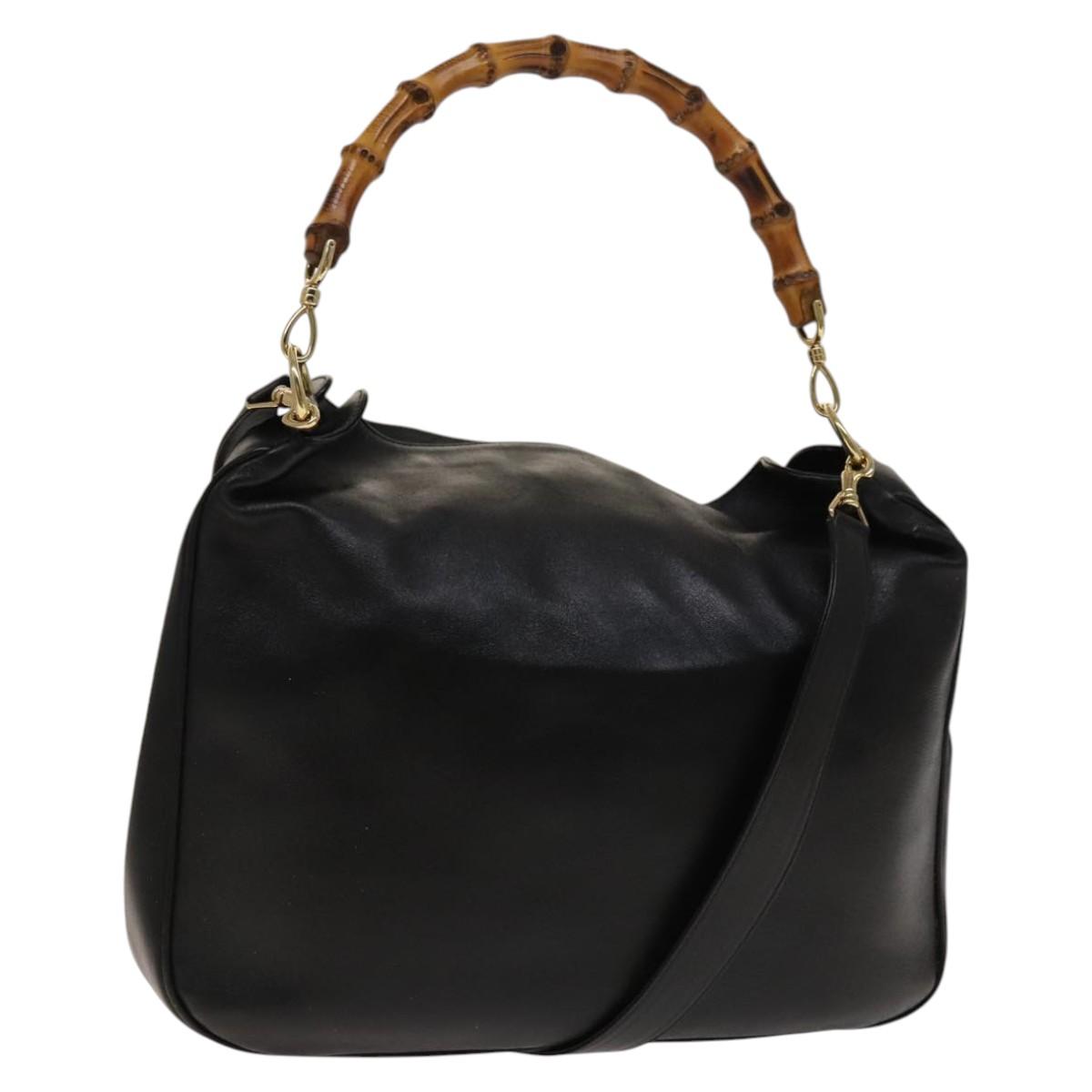 GUCCI Bamboo Shoulder Bag Leather 2way Black Gold 001 3444 1577 Auth 140164