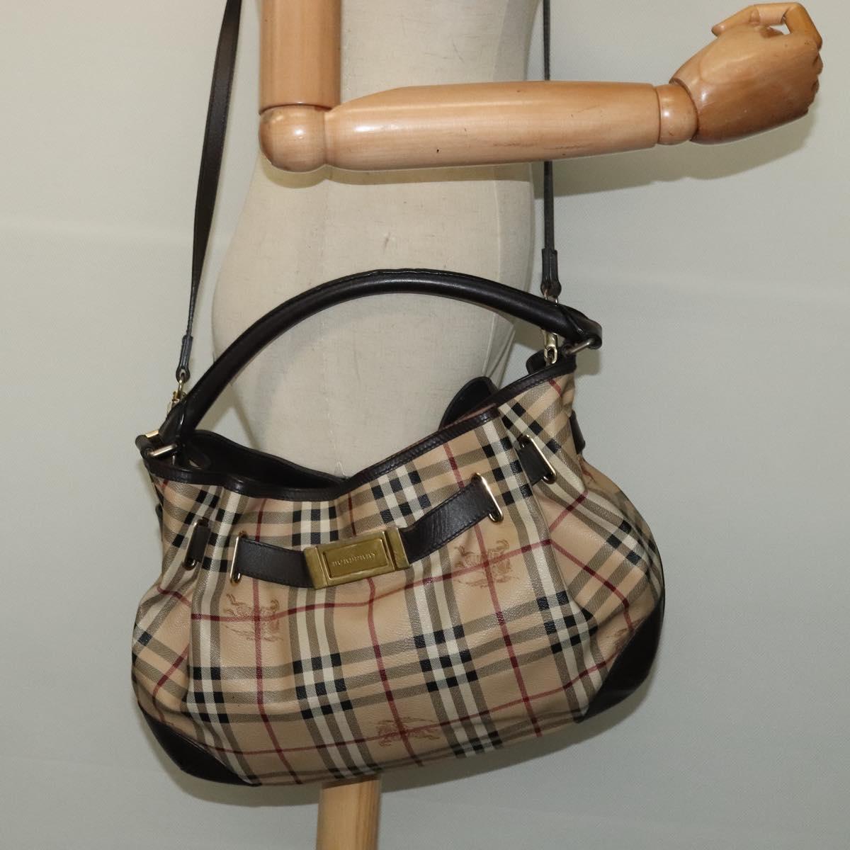 BURBERRY Nova Check Shoulder Bag PVC 2way Beige Gold Auth 140180