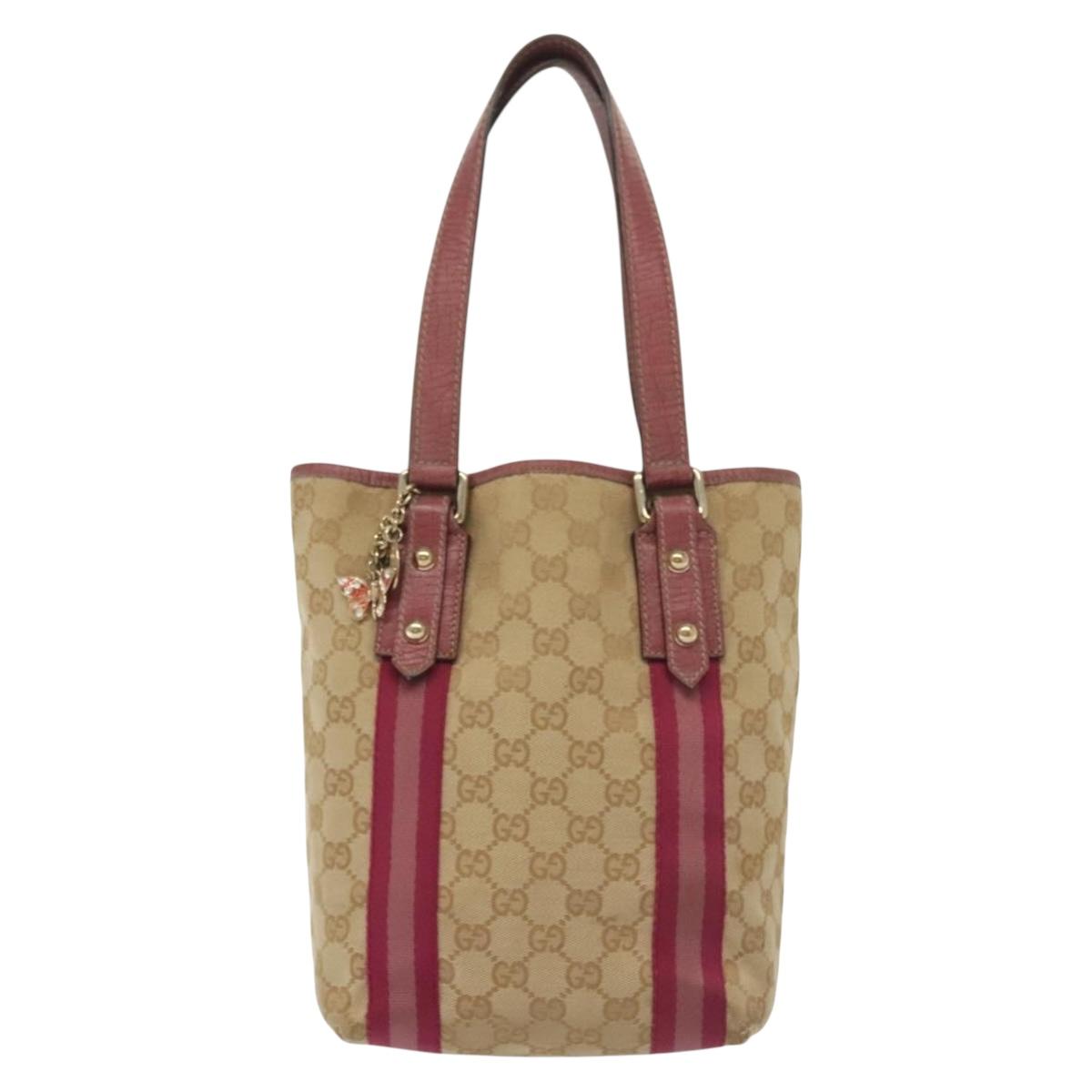 GUCCI GG Canvas Sherry Line Tote Bag Beige Gold Auth 140181