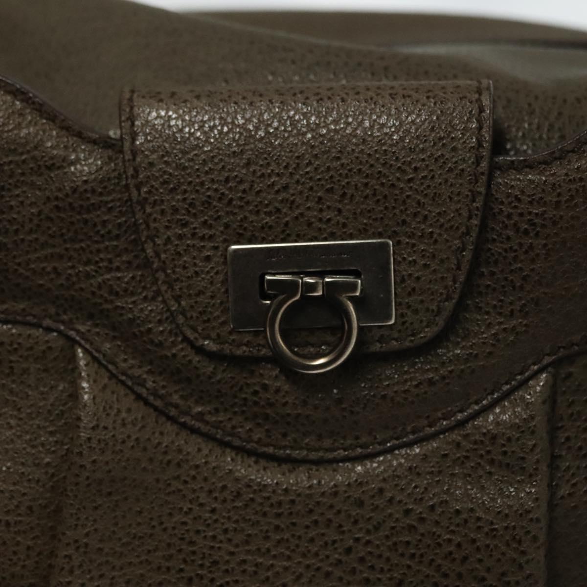 Salvatore Ferragamo Gancini Hand Bag Leather Khaki Silver Auth 140186