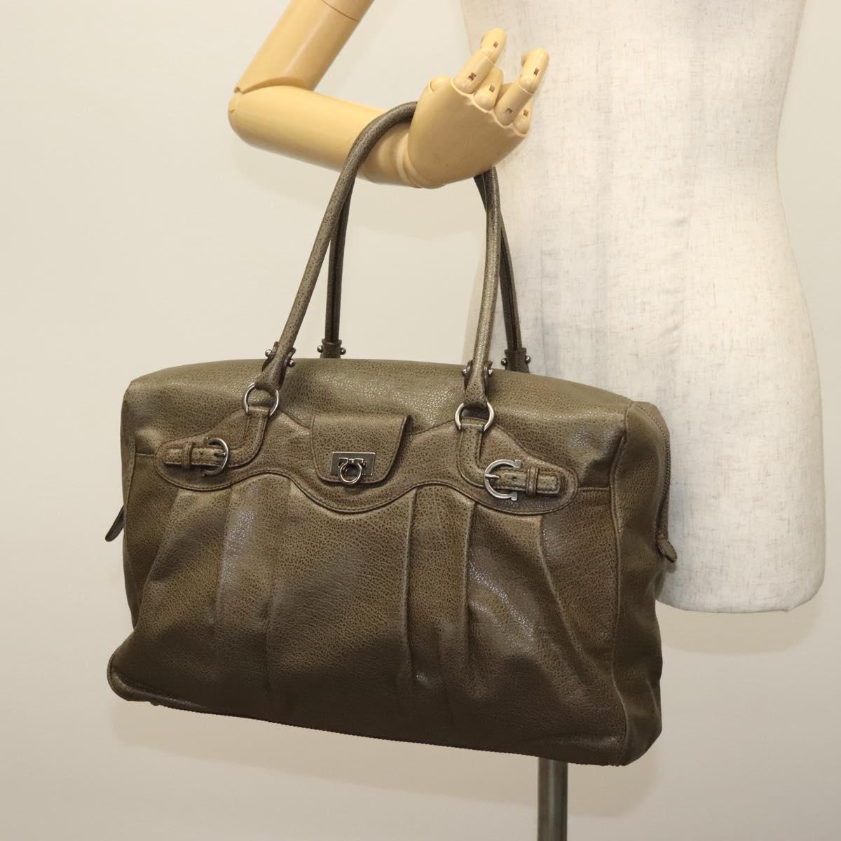 Salvatore Ferragamo Gancini Hand Bag Leather Khaki Silver Auth 140186