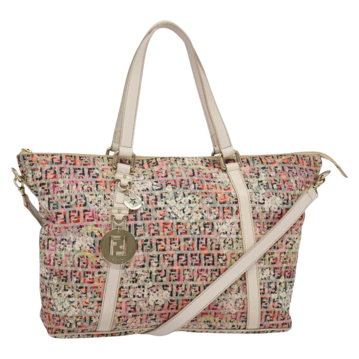 FENDI Zucchino Canvas Tote Bag 2way Multicolor Gold Auth 140197