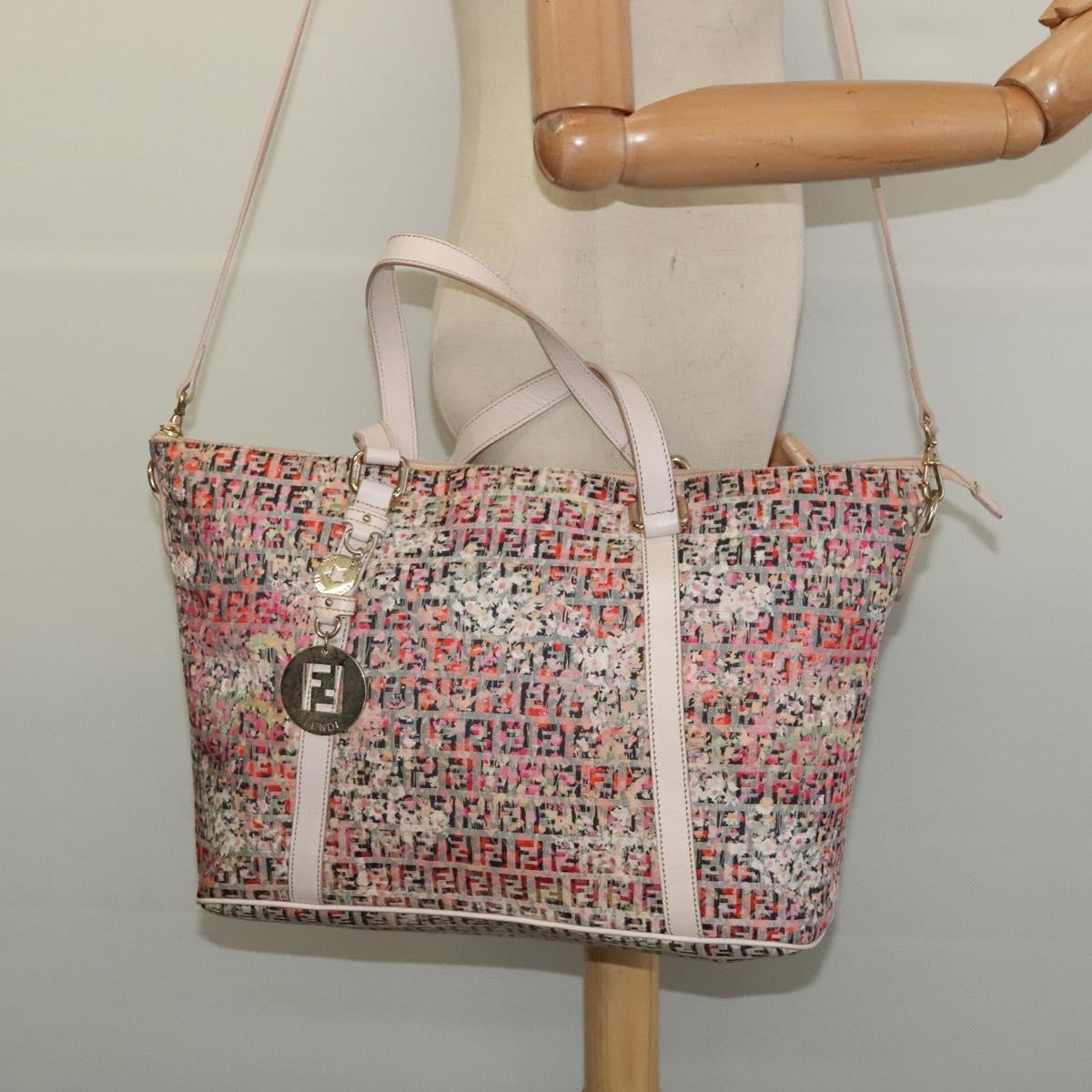 FENDI Zucchino Canvas Tote Bag 2way Multicolor Gold Auth 140197