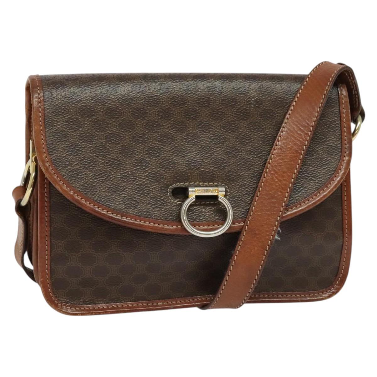 CELINE Macadam Canvas Shoulder Bag PVC Leather Brown Gold Auth 140198
