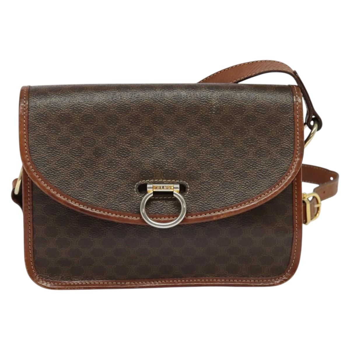 CELINE Macadam Canvas Shoulder Bag PVC Leather Brown Gold Auth 140198