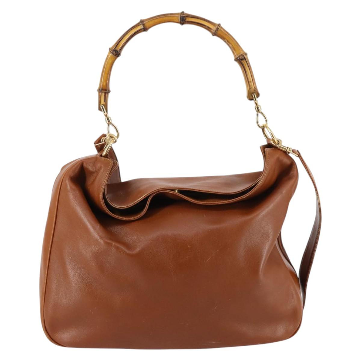 GUCCI Bamboo Shoulder Bag Leather 2way Brown Gold 001 1781 1577 Auth 140200