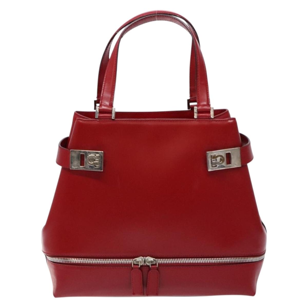 Salvatore Ferragamo Gancini Hand Bag Leather Red Silver Auth 140213