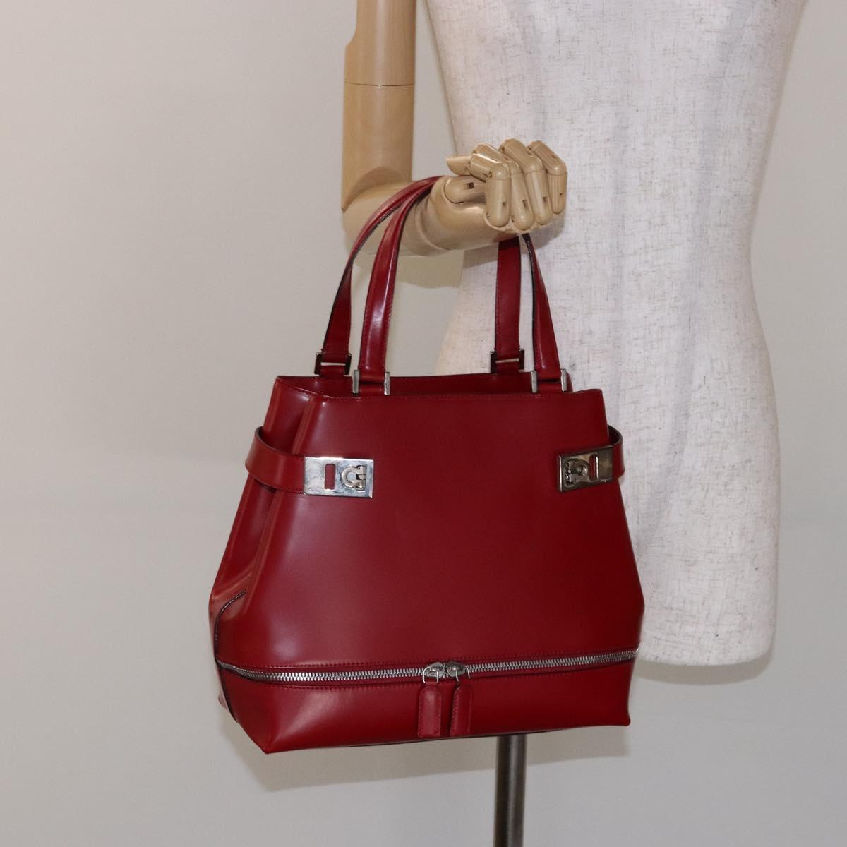 Salvatore Ferragamo Gancini Hand Bag Leather Red Silver Auth 140213