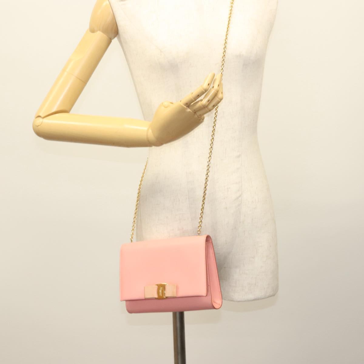 Salvatore Ferragamo Chain Vala Shoulder Bag Leather Pink Gold Auth 140214