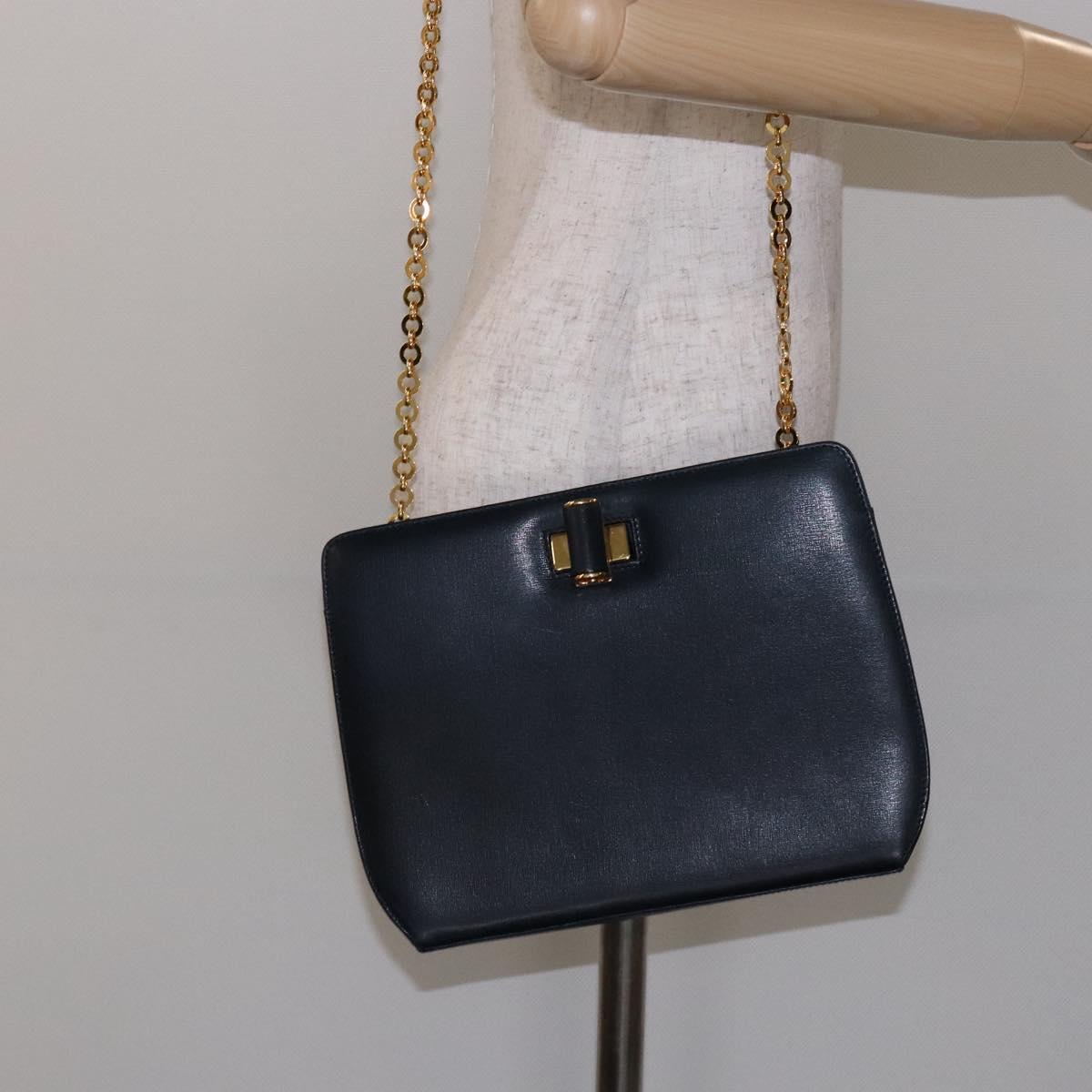 Salvatore Ferragamo Gancini Chain Shoulder Bag Leather Navy Gold Auth 140222
