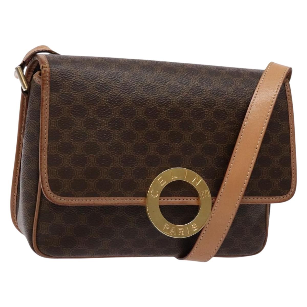CELINE Macadam Canvas Circle Shoulder Bag PVC Leather Brown Gold Auth 140226