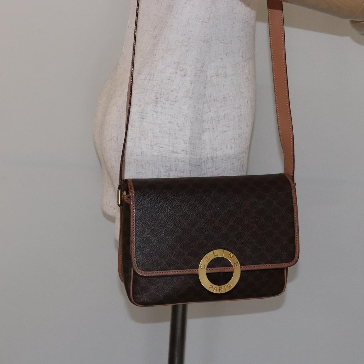 CELINE Macadam Canvas Circle Shoulder Bag PVC Leather Brown Gold Auth 140226