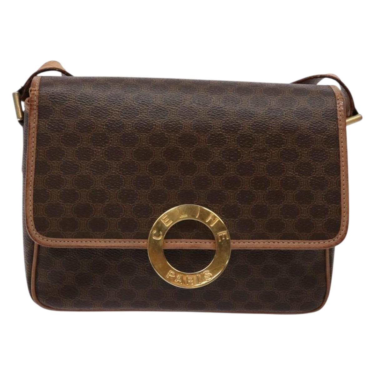 CELINE Macadam Canvas Circle Shoulder Bag PVC Leather Brown Gold Auth 140226