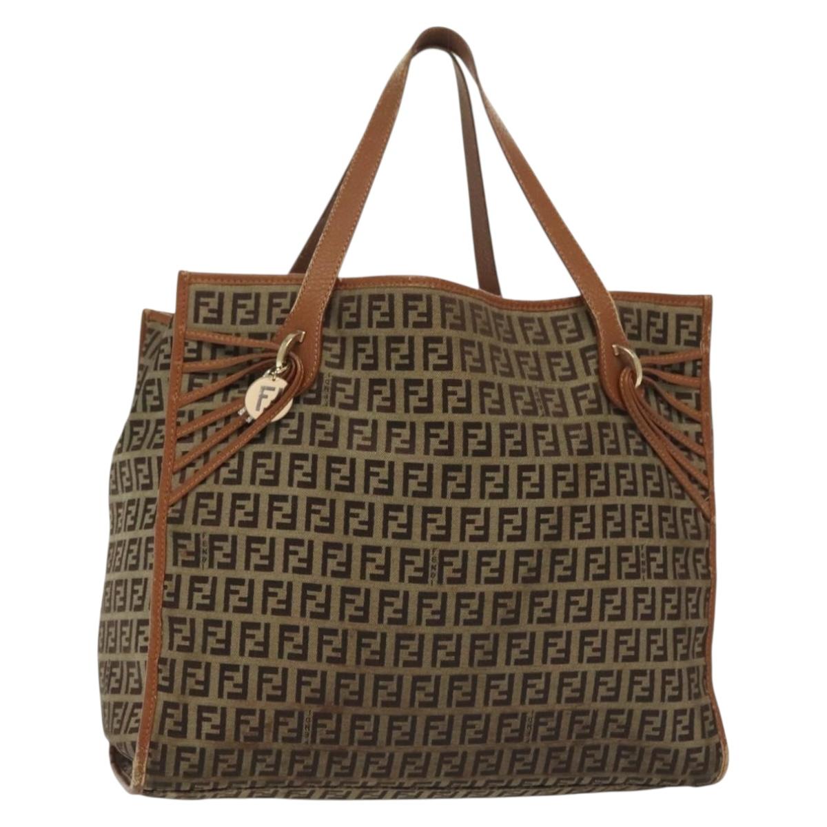 FENDI Zucchino Canvas Tote Bag Beige Gold Auth 140239
