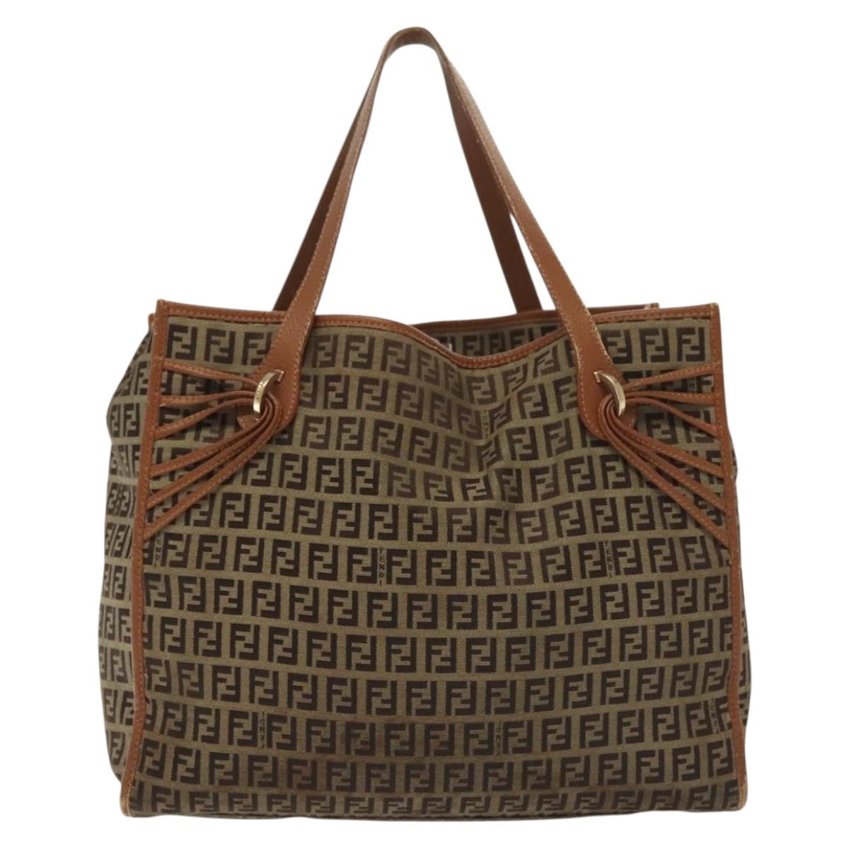 FENDI Zucchino Canvas Tote Bag Beige Gold Auth 140239