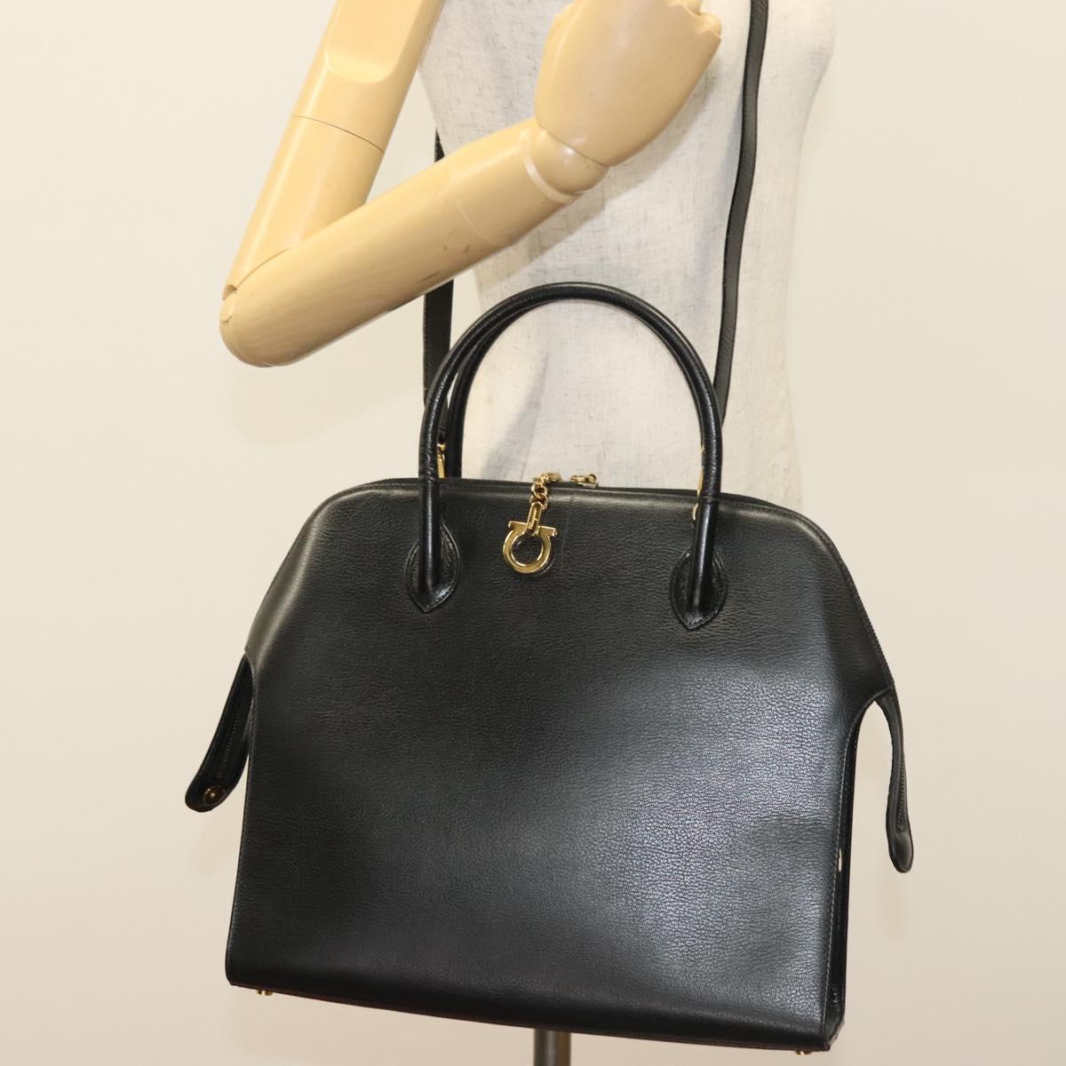 Salvatore Ferragamo Gancini Hand Bag Leather 2way Black Gold Auth 140273