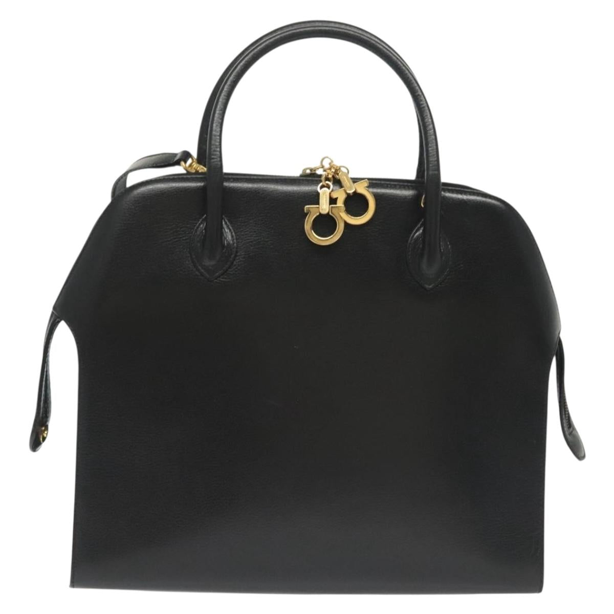 Salvatore Ferragamo Gancini Hand Bag Leather 2way Black Gold Auth 140273