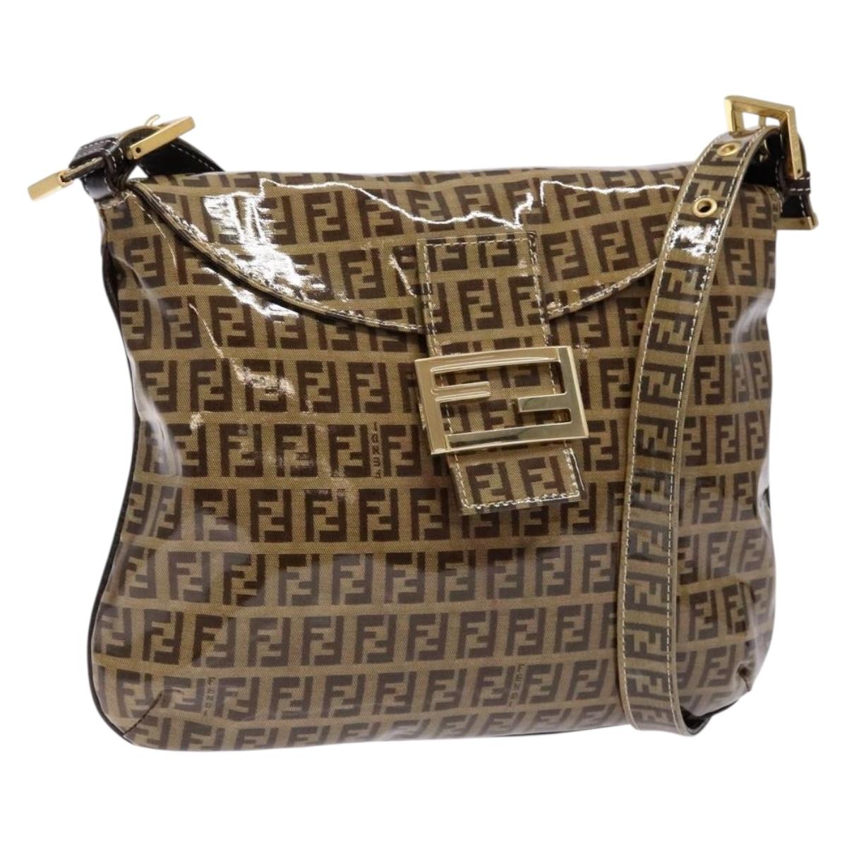 FENDI Zucchino Canvas Mamma Baguette Shoulder Bag Beige Gold Auth 140274