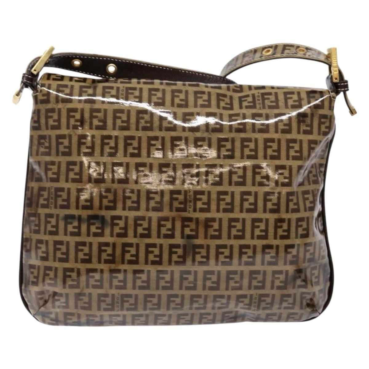 FENDI Zucchino Canvas Mamma Baguette Shoulder Bag Beige Gold Auth 140274