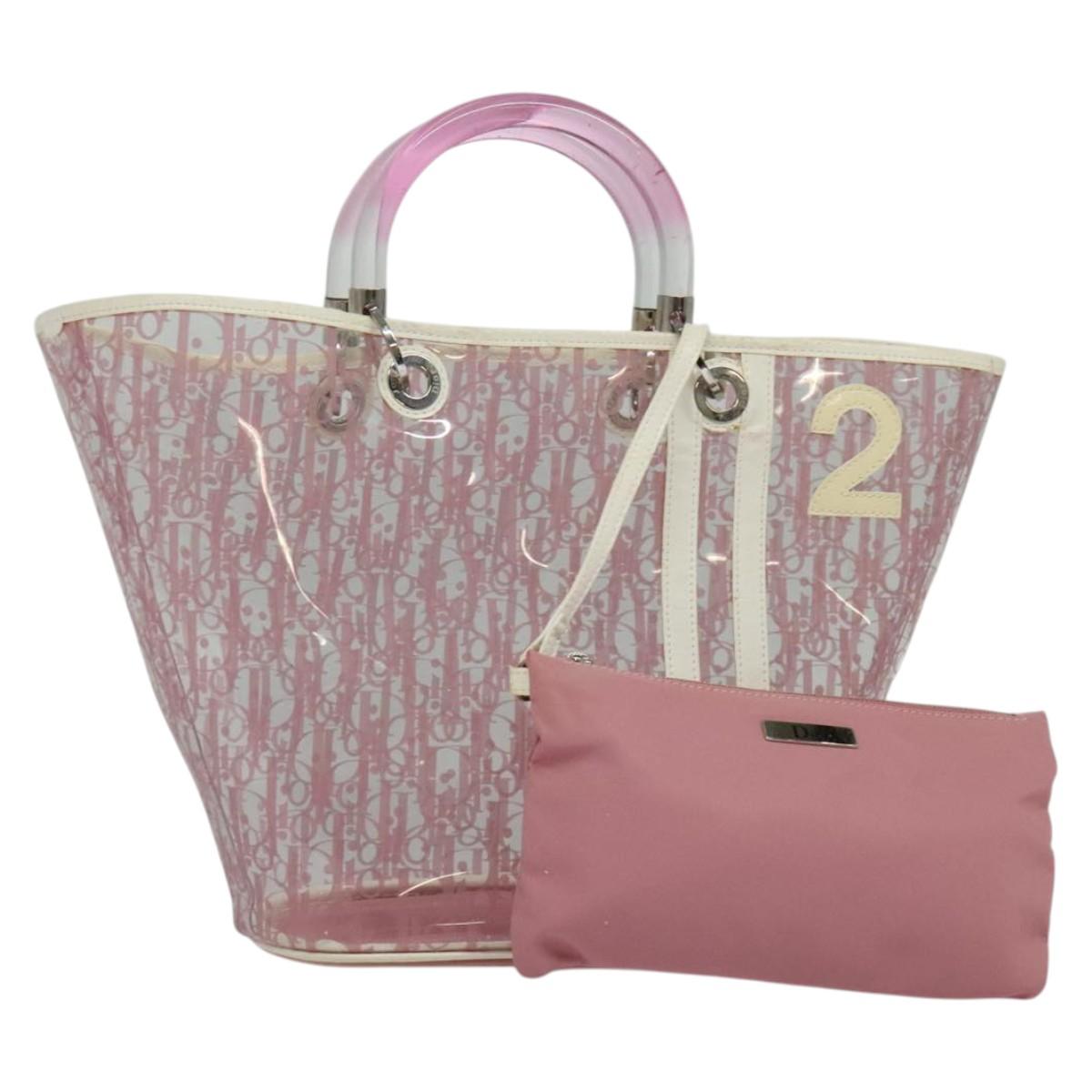 Christian Dior Trotter Canvas Hand Bag Vinyl Clear Silver Auth 140276