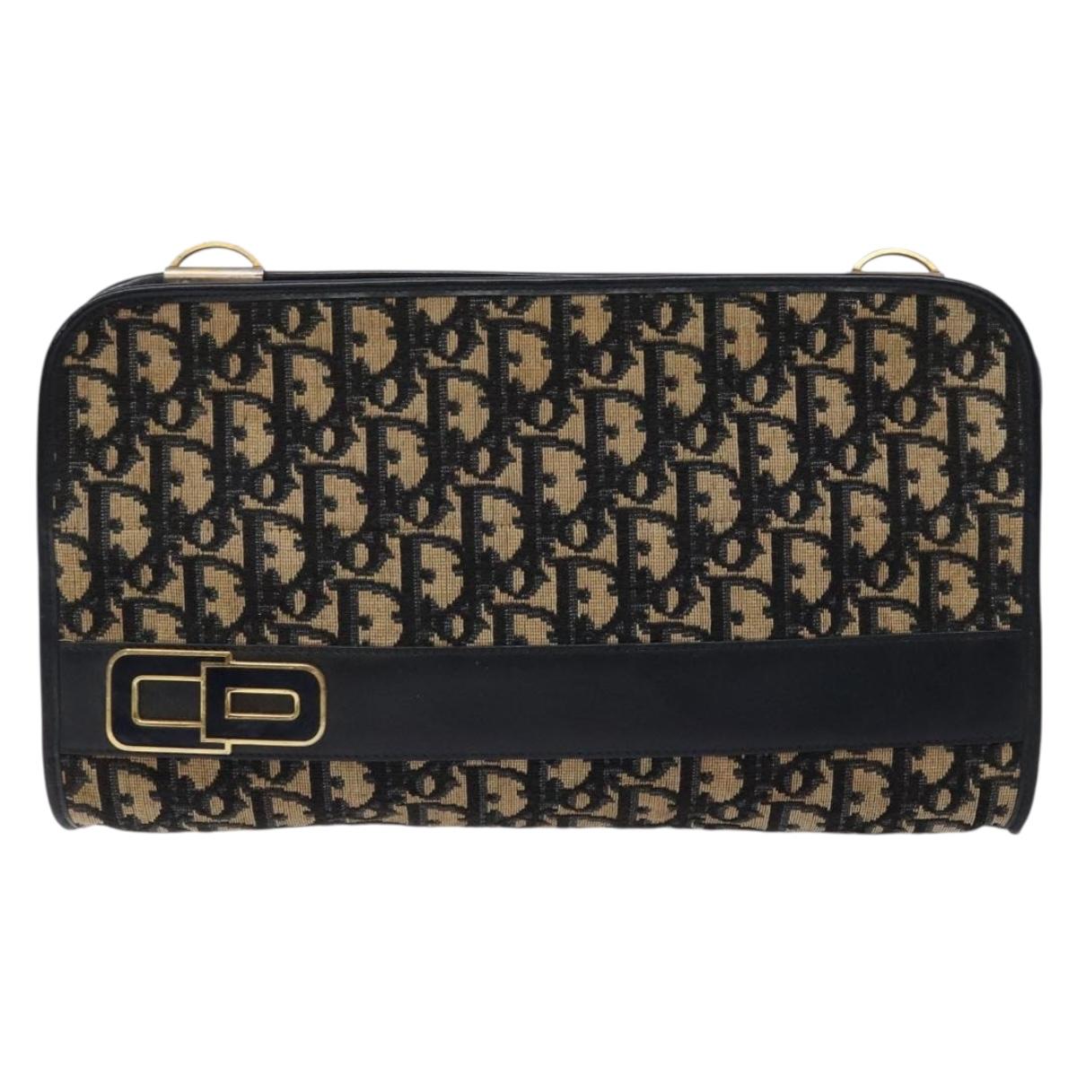 Christian Dior Trotter Canvas Clutch Bag Navy Gold Auth 140289