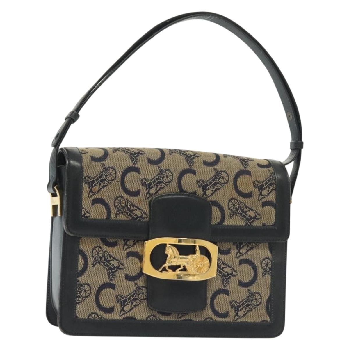 CELINE C Sulky Shoulder Bag Canvas Navy Gold Auth 140292