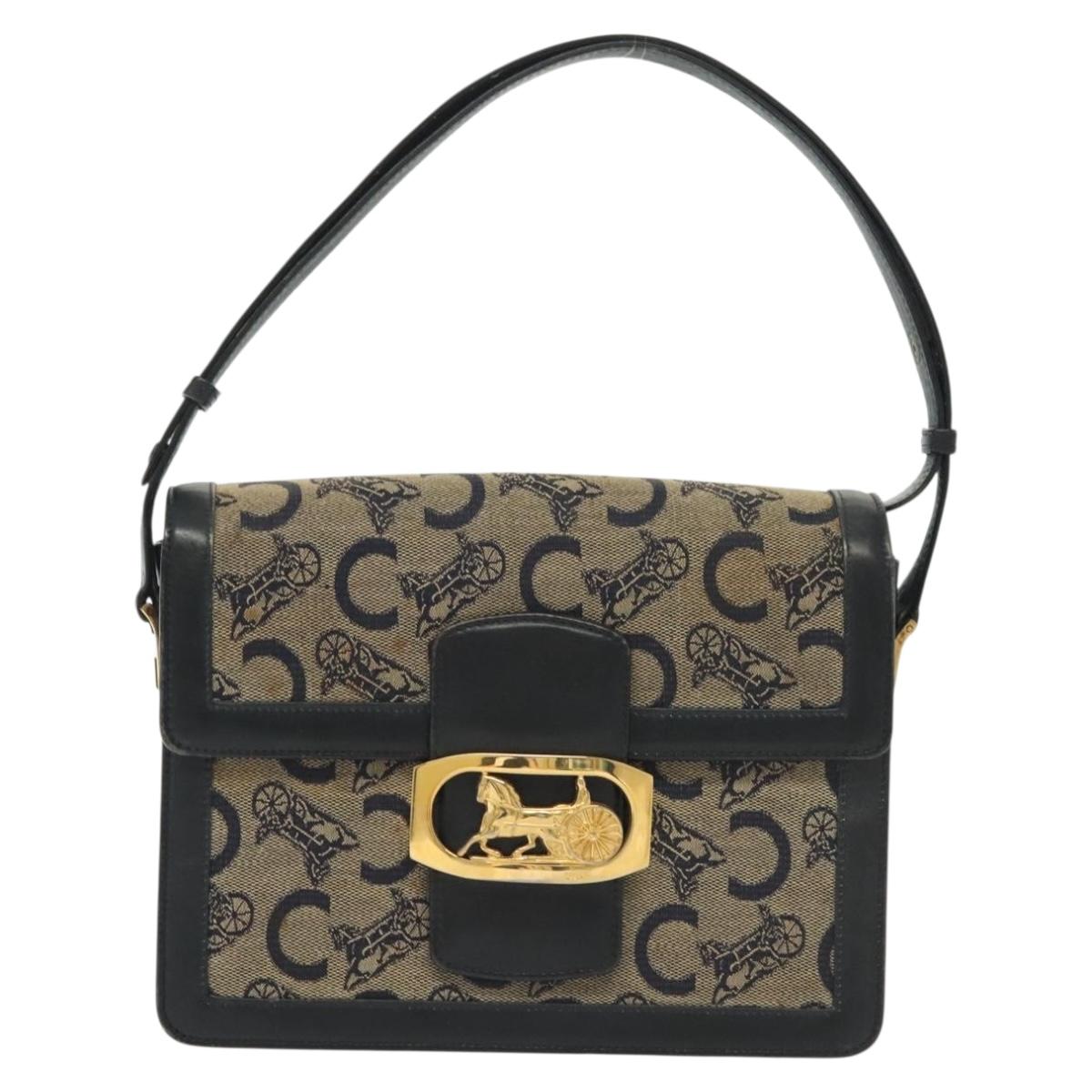 CELINE C Sulky Shoulder Bag Canvas Navy Gold Auth 140292