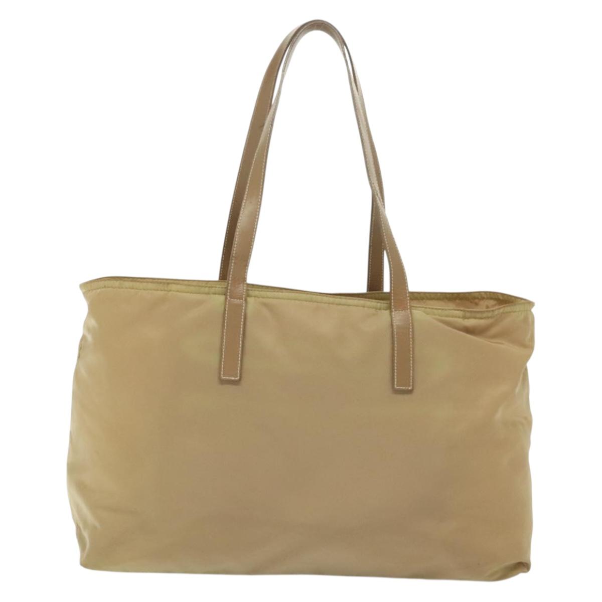 PRADA Tote Bag Nylon Beige Silver Auth 140315