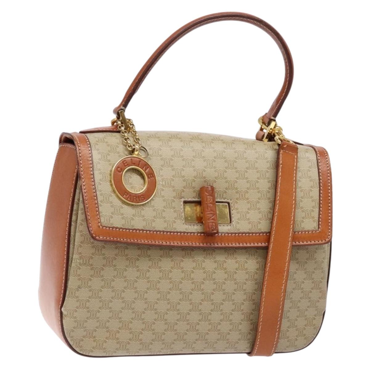 CELINE Macadam Canvas Hand Bag PVC 2way Beige Gold Auth 140317