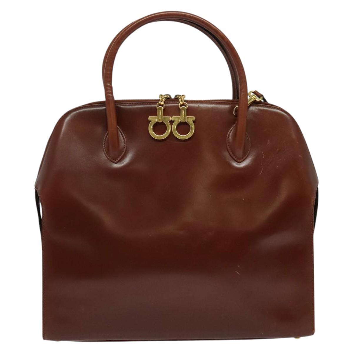 Salvatore Ferragamo Gancini Hand Bag Leather 2way Brown Gold Auth 140342