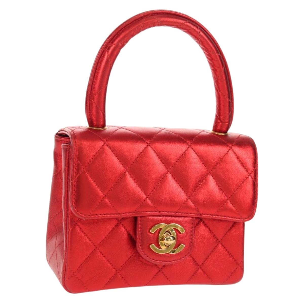 CHANEL Matelasse Top Handle Hand Bag Leather Red Gold CC Auth 140357M