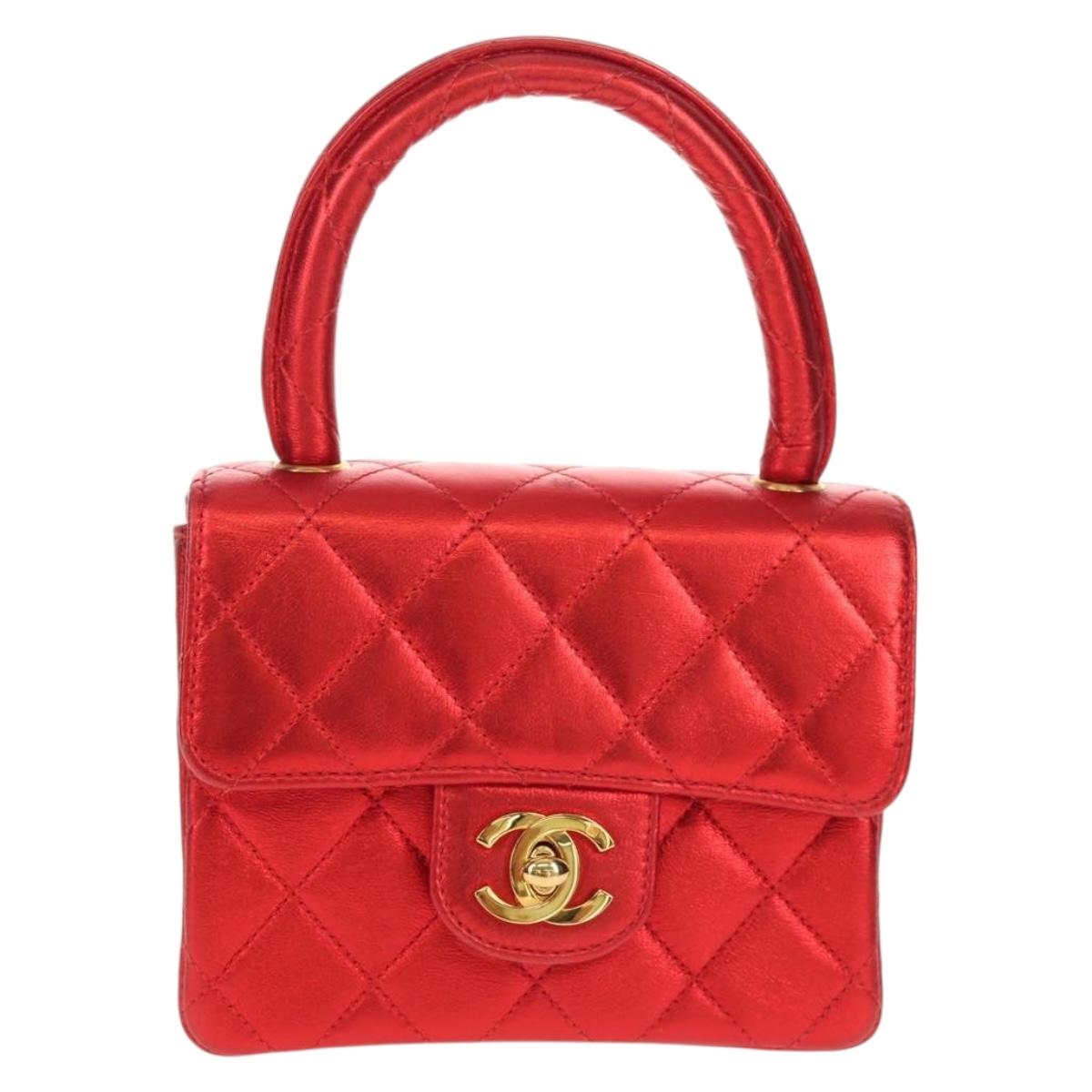 CHANEL Matelasse Top Handle Hand Bag Leather Red Gold CC Auth 140357M