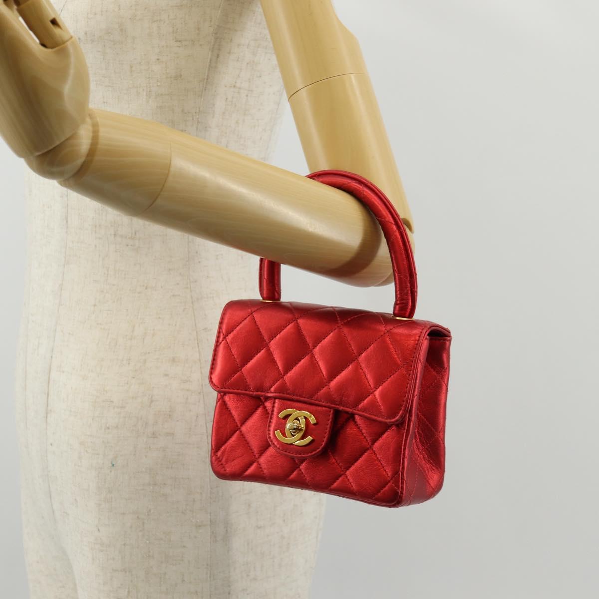 CHANEL Matelasse Top Handle Hand Bag Leather Red Gold CC Auth 140357SM