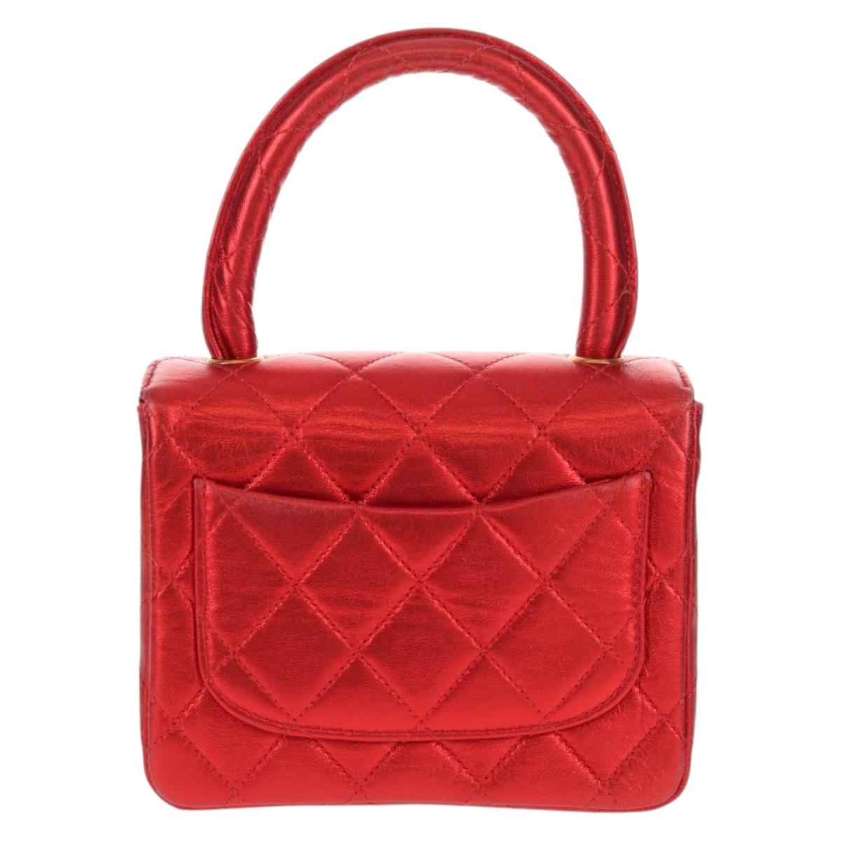 CHANEL Matelasse Top Handle Hand Bag Leather Red Gold CC Auth 140357M