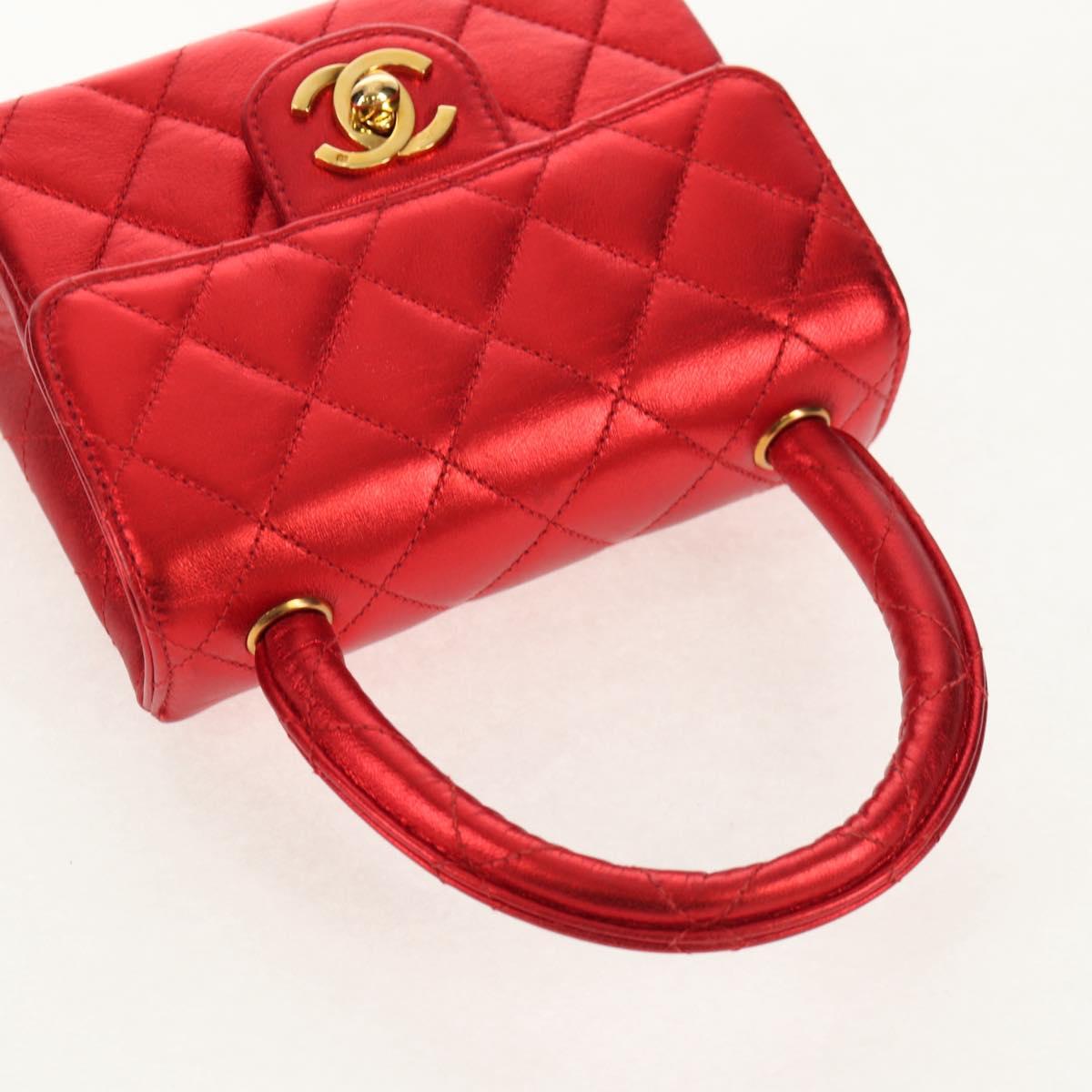 CHANEL Matelasse Top Handle Hand Bag Leather Red Gold CC Auth 140357M
